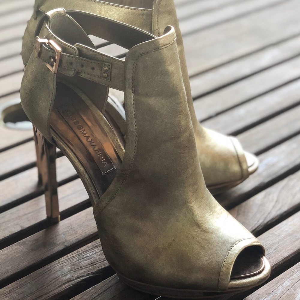 BCBG Gold Peep-Toe Heels with Strappy Design